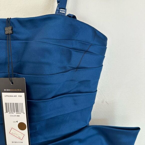 BCBGMaxazria Women’s Strapless Blue Ink Pleated Bow Maxi Occasion Gown - Picture 8 of 15